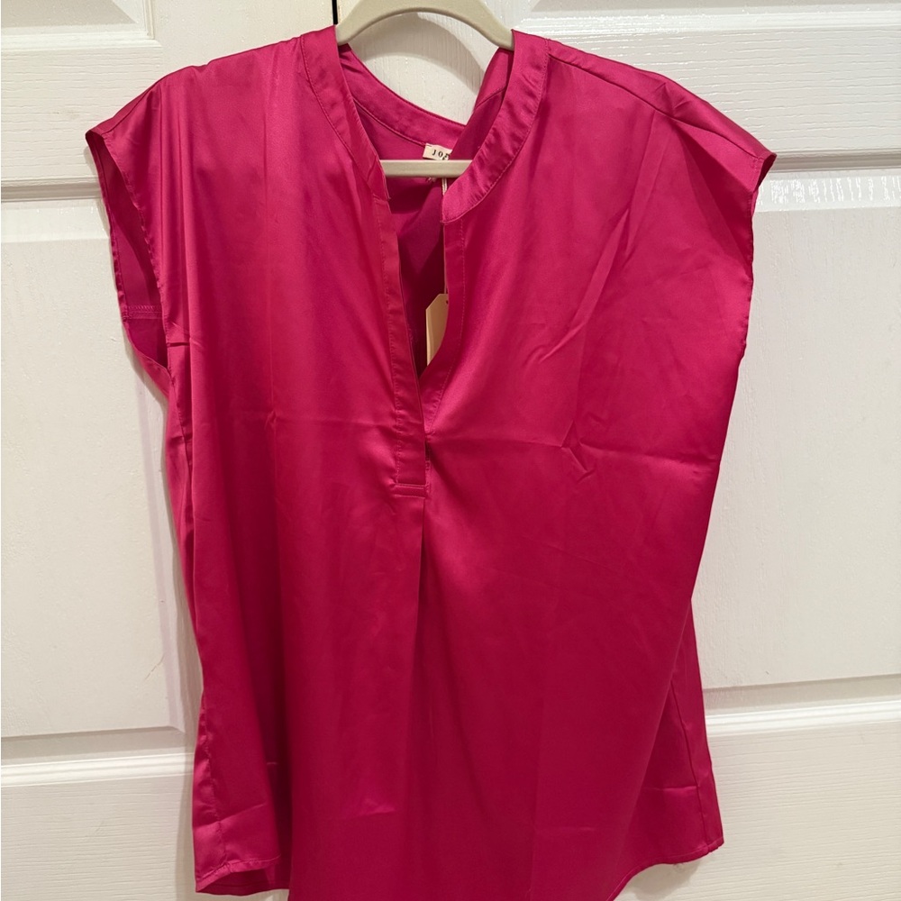 JODIFL Pink Cap Sleeve Boxy Blouse with Mandarin Collar